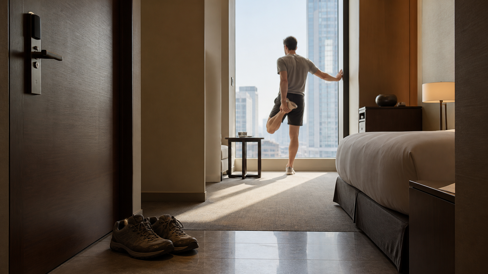 Traveller stretching after walking in Tokyo