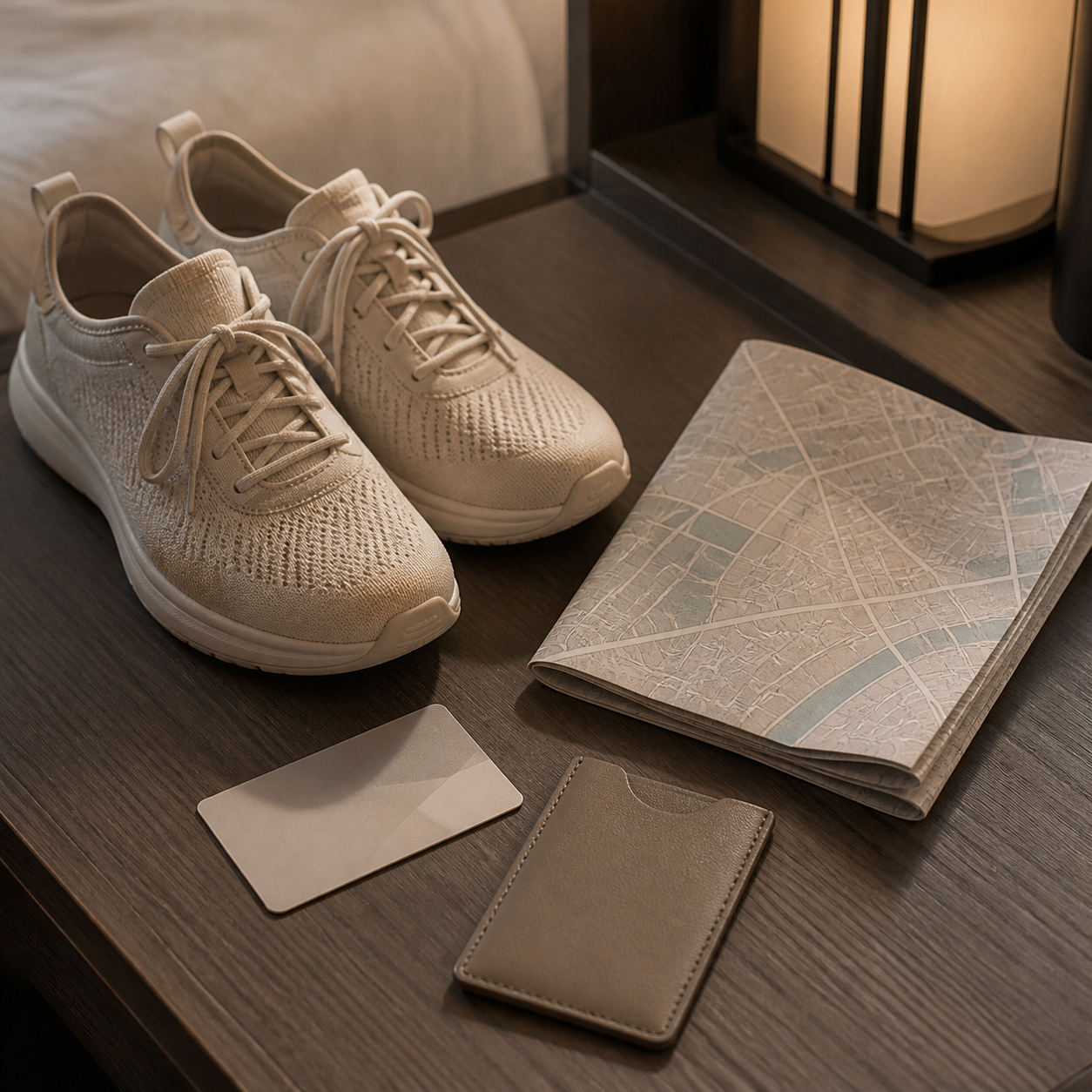 Walking shoes and a Tokyo map in a hotel room