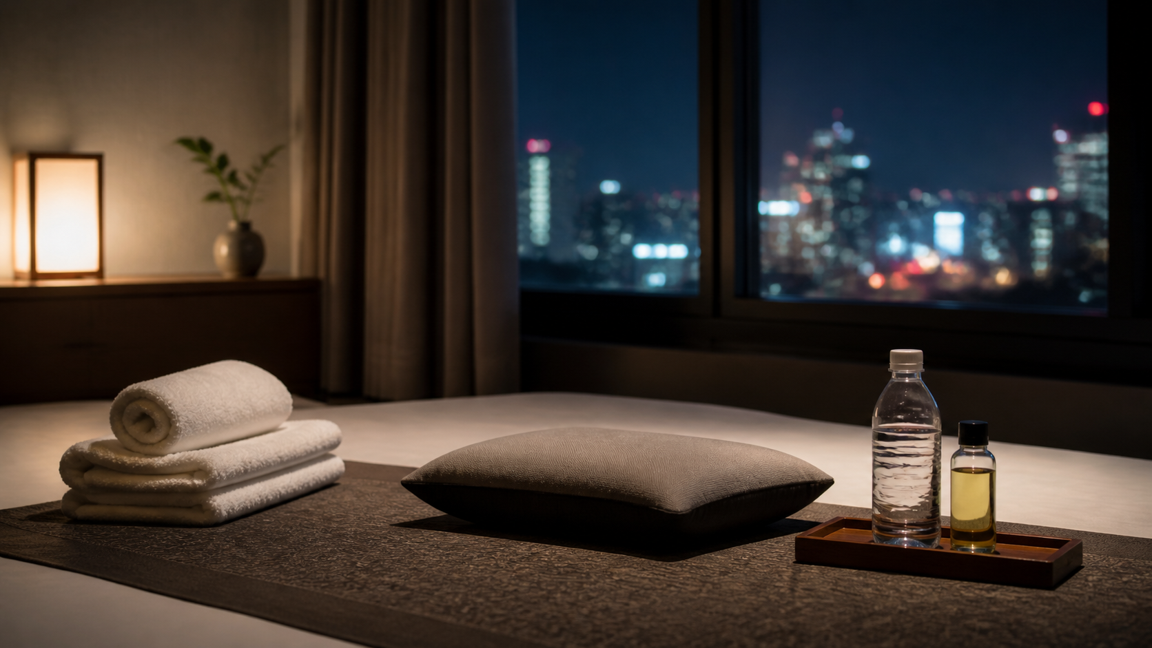 Massage setup with towels and oil
